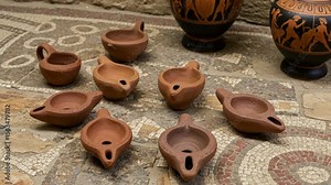 Clay Oil Lamps And Replicas Ancient Greek Pottery With Mythological Scenes Set Stone Mosaic Floor
