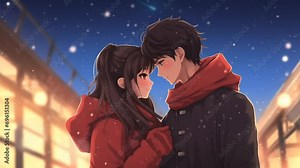 anime girl, cuddling with boyfriend while snowing. seamless looping time-lapse animation video background. Generated with AI