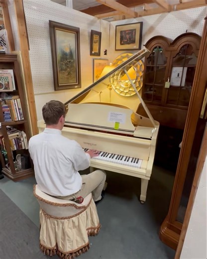 Booth #41, Dealer #101 #Sherman Clay Baby Grand piano, Excellent Condition, Upholstered stool, Ivory glossPoly Finish. Genuine Sostenuto Pedal, sustain only note, being played when pedal is depressed. $3395.00 invluding standard professional move and tune! #musiclover #babygrandpiano #BrassArmadillo #love | Brass Armadillo Antique Mall - Phoenix | Facebook