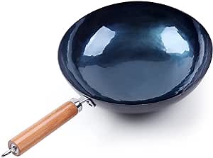 Traditional Hand Hammered Iron Wok, Non-Stick, Non-Coated, Oil-Free, Carbon Steel Wok - 11.8 inches