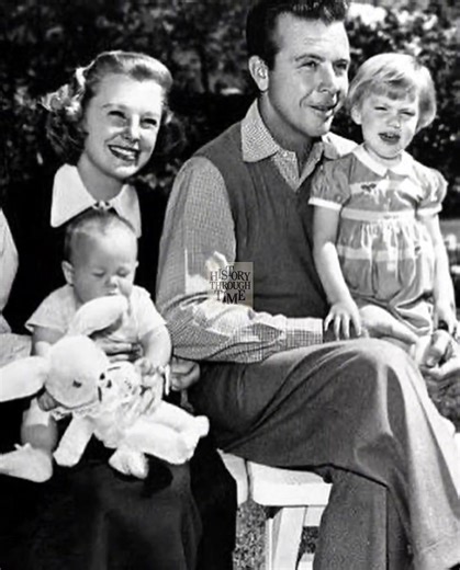 "June Allyson and her husband, Dick Powell, are photographed at their Los Angeles home circa 1951, surrounded by their children, Pamela and Richard, in a moment that captures the golden domestic image of classic Hollywood." | History Through Time | Facebook