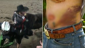 Moment QLD rodeo clown is gored by a bull