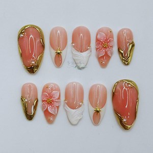 Blush Pink Floral Press on Nails, 3D Flower Nails, Gold Chrome Accent Nails, Elegant Nude Handmade Reusable Nails - Etsy