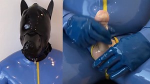 Latex puppy edging and cumming in sheath