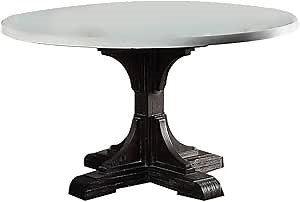 Benjara Dining Table with Marble Top and Pedestal Base, White and Brown