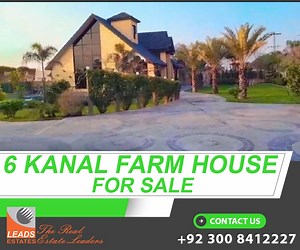 Here are some 6 Kanal farm house options for sale: Islamabad: 1. Brand-new, fully furnished farm house in Bani Gala. 2. 6 Kanal corner farm house plot in Gulberg Greens. 3. Luxury farm house with swimming pool, gym, and stunning views in Gulberg Greens. 4. Farm house with lush green gardens and modern amenities in Islamabad Farm Houses. Lahore: 1. 6 Kanal farm house on Bedian Road with spacious lawns. 2. Modern 6 Kanal farm house in DHA Phase 6. 3. Farm house with orchard and livestock facilitie