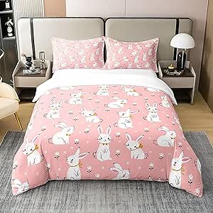 Cute Rabbit Bedding 100% Cotton Set Cartoon Bunny Pink Decor Duvet Cover 100% Cotton for Kids Boys Girls Lovely Little Floral Rabbit Botanical Animal Quilt Cover Room Decor 2Pcs Twin Size Zipper