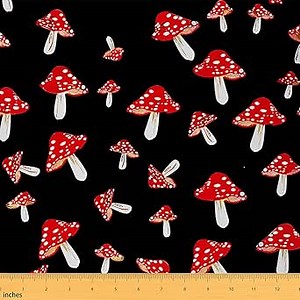 Feelyou Mushroom Fabric by The Yard, Cute Mushrooms Kawaii Botanical Plants Upholstery Fabric for Chairs, Cartoon Natural Wild Fungus Decorative Waterproof Outdoor Fabric, 3 Yards, Red Black