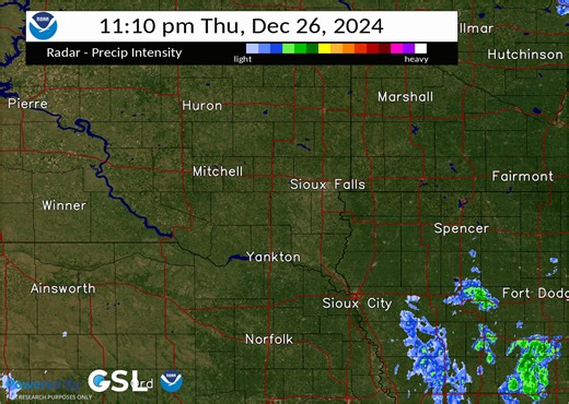 Radar Update | 1:20 am (12/27) Scattered light showers continue to lift northeastwards across areas along and east of Hwy-59. While only light accumulations are expected, expect the showers to lift through the area over the next hour or so before leaving our area. | US National Weather Service Sioux Falls South Dakota