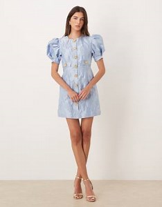 Sister Jane Anemone exclusive jaquard puff sleeve gold flower button up mini dress in cerulean blue | ASOS