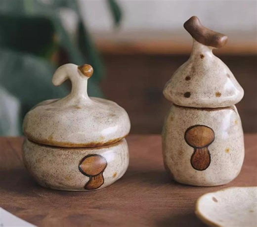 2pc Mushroom Ceramic Spice Jar Set, Handmade Toadstool Salt Cellar, Cottagecore Kitchen Decor - Etsy