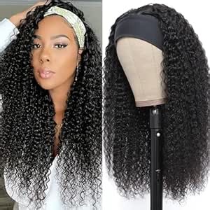 Aiterina Headband Wig Human Hair Kinky Curly Brazilian Virgin Curly None Lace Front Wigs for Black Women Headband Wig Human Hair Scarf No Gel Gluelees Remy Hair Natural Color (Headband Wig, 28inch)