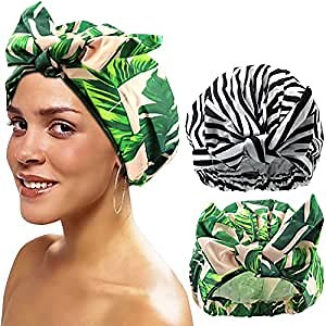 TCOTBE 2 Pieces Waterproof Shower Cap,Elastic Reusable Bathing Hair Cap Environmental Protection Hair Bath Caps, Bowknot Silky Satin Bath Hair Caps,Luxury Shower Cap for Women