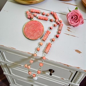 Vintage Pink Alabaster Natural Gemstone Necklace Mayan Sun Calendar Hand Carved - Etsy