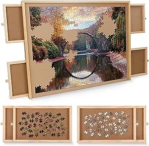 Jigitz 1500 Piece Wooden Jigsaw Puzzle Board - 26 x 34 Inch Jigsaw Puzzle Table with 4 Drawers Standard Puzzle Plateau Puzzle Storage Table