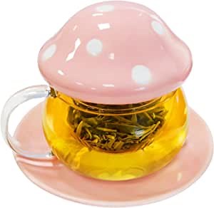 Tea Mug，Mushroom Tea Cups and Saucers with Filter Tea Infuser Mug Clear Tea Cups Cute Glass Cups with Infuser and Lid Pink