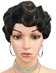 Kalyss Short Deep 6" Hand-Tied Lace Curved Parting Finger Wave Lace Wig for Black Women Natural Looking Black Brown Highlights Wavy Premium Synthetic Wig