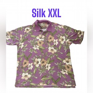 Montego Mon Hawaiian Floral Collared Polo Shirt sz XXL Silk EUC Purple Green Tan