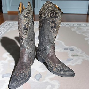 Vintage Corral Cowboy Boots: Black Brown Sequin Inlay, Distressed Leather, Women's 9M - Etsy