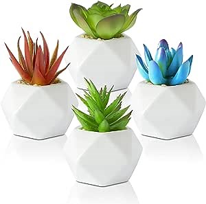 Premium Small Fake Plants - Pack of 4 Potted Succulents Plants Artificial - Faux Succulents in Pots for Office, Desk, Shelves and Bathroom Decor