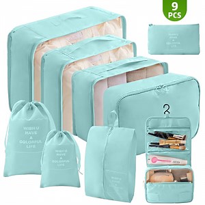 9 Set Packing Cubes for Travel, Durable Luggage Organizer Set with Hanging Toiletry Bag & Shoe Bag, Perfect Gift for Women Mom, Vacation Essentials for Travel Accessories (Blue)