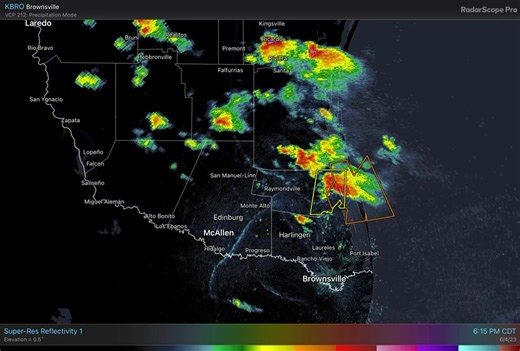 1.1K views · 28 reactions | 6:25 PM June 4, 2023 Radar Update: Showers and storms continue to pop across Deep South Texas. The only storm that has been severe (so far) is located in eastern Willacy county. This storm is headed south along Willacy and Cameron county coastlines. If thunder roars, go indoors. | US National Weather Service Brownsville/Rio Grande Valley Texas | Facebook