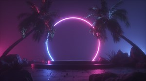 Neon Glowing Frame on Stage and Palm Trees Background Looped