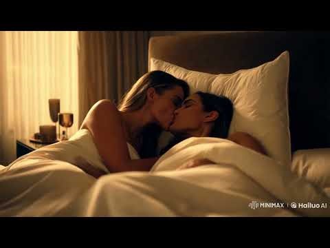 Two lesbian women awake in bed kissing.