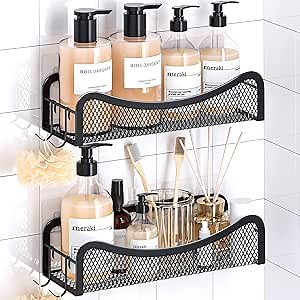 Adhesive Shower Caddy, Rustproof 304 Stainless Steel Shower Organizer, Black Shower Shelf with Hooks, 2-Pack Mesh Shower Storage Bathroom Organizer, No Drilling Shower Rack