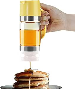 MOTEERLLU Glass Honey Dispenser Jar, 10oz No Drip Honey Holder Pot with Handle, Syrup Dispenser with Stand for Bread, Coffee or Tea (Yellow)