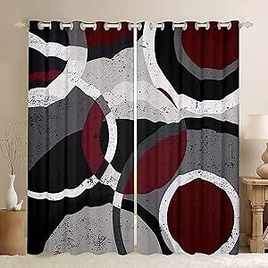 Red Black Gray Curtains,Retro Circle Stripes Window Curtains for Boys Girls Teens,Abstract Window Treatment Curtains Home Decor,Modern Art Darkening Drapes for Living Room Bedroom,76Wx45L