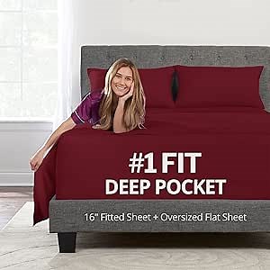 Full Size Bed Sheet Set - Soft 16" Deep Pockets Fitted Sheet, Oversize Flat Sheet, 2 Zipper Closure Pillowcases - Burgundy