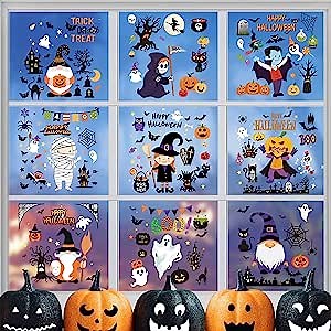 217 Pcs Halloween Window Clings, Double Sided Halloween Window Decals, Removable Electrostatic Window Sticker, Creative Halloween Window Decals Stickers for Halloween Party Decor Supplies(9 Sheet)