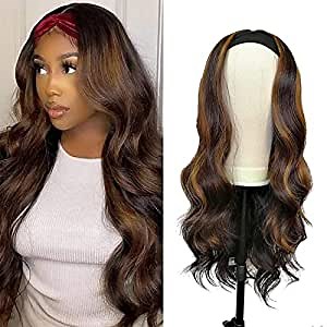 Body wave headband wig for Women Long Wavy Dark Brown Headband Half Wigs Glueless Nature Looking 150% Density Synthetic wigs Heat Resistant 22 Inch