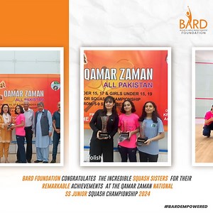 BARD Foundation proudly congratulates the incredible squash sisters for their remarkable achievements at the Qamar Zaman National Junior Squash Championship 2024! Sehrish Ali continues to shine, claiming her 10th Gold Medal in the U-15 category, a testament to her relentless dedication and talent. Mahnoor Ali, with an impressive 15 Gold Medals to her name, added her 4th Silver Medal, demonstrating her consistency in elite competition. Mehwish Ali further strengthened her legacy by securing her 2