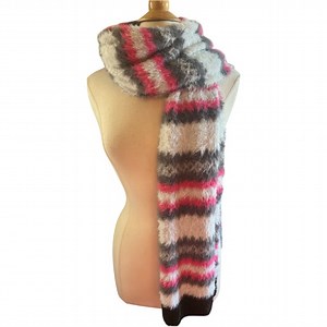 Steve Madden Fuzzy Pink,white Gray & Black Striped & Chevron pattern Fuzzy Scarf