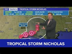 Tuesday evening tropical update: Nicholas on land, dropping rain