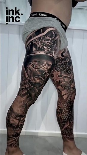 Epic Japanese Samurai Leg Sleeve Tattoo | Black & Grey Realism Masterpiece