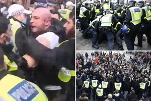 Chaos as cops struggle to arrest bodybuilder as lockdown protest turns violent