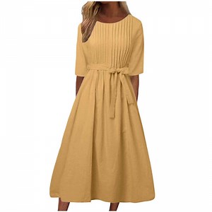 WEAIXIMIUNG Easter Dress for Women 2024 Short Women Fashion Solid Round Neck Long Dress Casual Loose Versatile Long Dress L Yellow