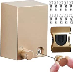 Retractable Clothesline Adjustable Clothes line Retracting Dryer ABS case+Aluminum Outdoor/Indoor, Stainless Steel Rope String Heavy Duty, Self Adhesive Wall Mount Upgrade Knob Gold