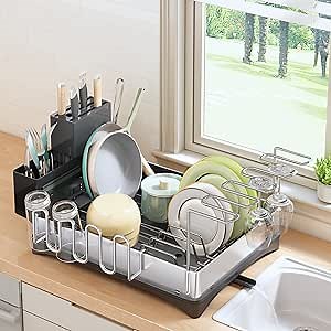 Dish Drying Rack, Stainless Steel Large Dish Rack, Rustproof Dish Racks for Kitchen Counter with Drainboard, Compact Dish Drainers with Utensil Holder, Drying Rack for Dishes, Knives, Spoons, and Fork