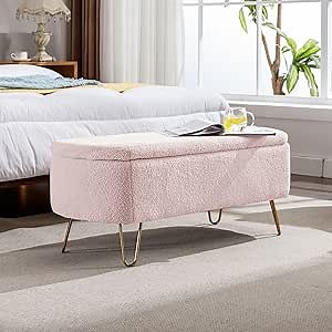 Ottoman with Storage Gold Legs, Modern Storage Ottoman Bench for End of Bed,Upholstered Storage Bench with Storage for Bedroom,Living Room (Pink)
