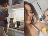 Model Sarah Stage blends up a morning shake with son James