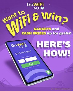 Curious on how to score gadgets and cash prizes? 🤔 Connect now and join GoWiFi Auto WiFi & Win raffle promo! See the full mechanics below! HOW TO REGISTER: Step 1: Open your phone’s WiFi settings and connect to @GoWiFi_Auto Step 2: Choose Register to Win P100,000 for the promo registration Step 3: Enter your details to register Step 4: Click Go and enjoy FREE WiFi minutes Step 5: After free WiFi minutes are consumed, purchase any Auto package to earn raffle entries that are equivalent to the fo