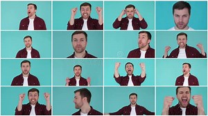 Collage De Un Video Retrato De Un Hombre De Fondo Turquesa Que Muestra Varios Gestos De Mano Imagen de archivo - Imagen de corporativo, video: 259594957