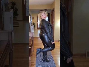 Leather woman bbw kitty blonde kitty in leather pants model sub red lipstick mom ootd tie boots