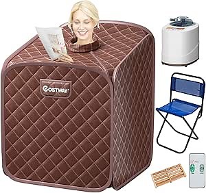 COSTWAY Portable Steam Sauna, 2L Folding Home Spa Sauna Tent for Relaxation at Home, Personal Sauna with 9 Temperature Levels, Timer, Remote Control, Foldable Chair (Coffee)