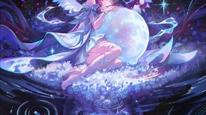 barefoot, video game girls, long hair, closed eyes, Jessica Wijaya, women outdoors, closed mouth, two tone hair, thighs together, whole body, bent legs, bare shoulders, legs, Columbina (Genshin Impact), Genshin Impact, portrait display, black hair, hair ribbon, crescent moon, sparkles, white dress, angel wings, head wings, white flowers, starred sky, starry night, flowers, white wings, eyemasks, sleeping, white ribbon, chromatic aberration, ripples, mask, dress, Moon, stars, wings | 3218x4096 Wa