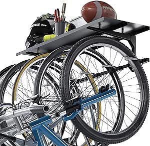 5 Bike Rack Wall Mount Bicycle Storage Rack With Adjustable Hanger System Garage Bike Rack with Shelf Could Store Helmets,Shoes, Pumps, Tools, Lubricants And More (5 Bike Rack + Shelf)